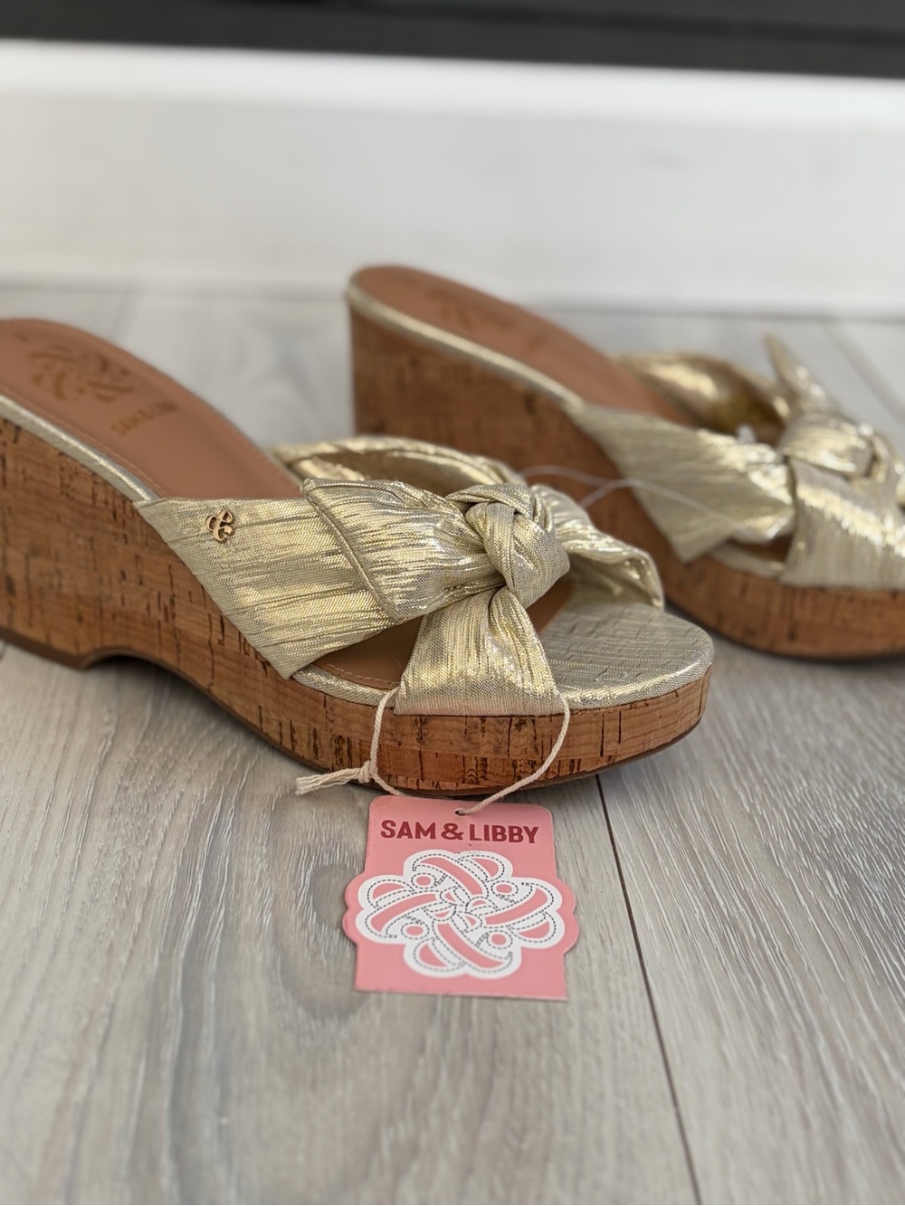 Sam & Libby Metallic Gold Knot Cork Wedge Sandals